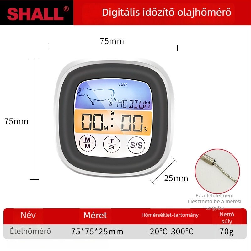 Olajhőmérő rozsdamentes acél szondával, digitális kijelző, időzítő, nagy pontosságú, konyhai sütéshez