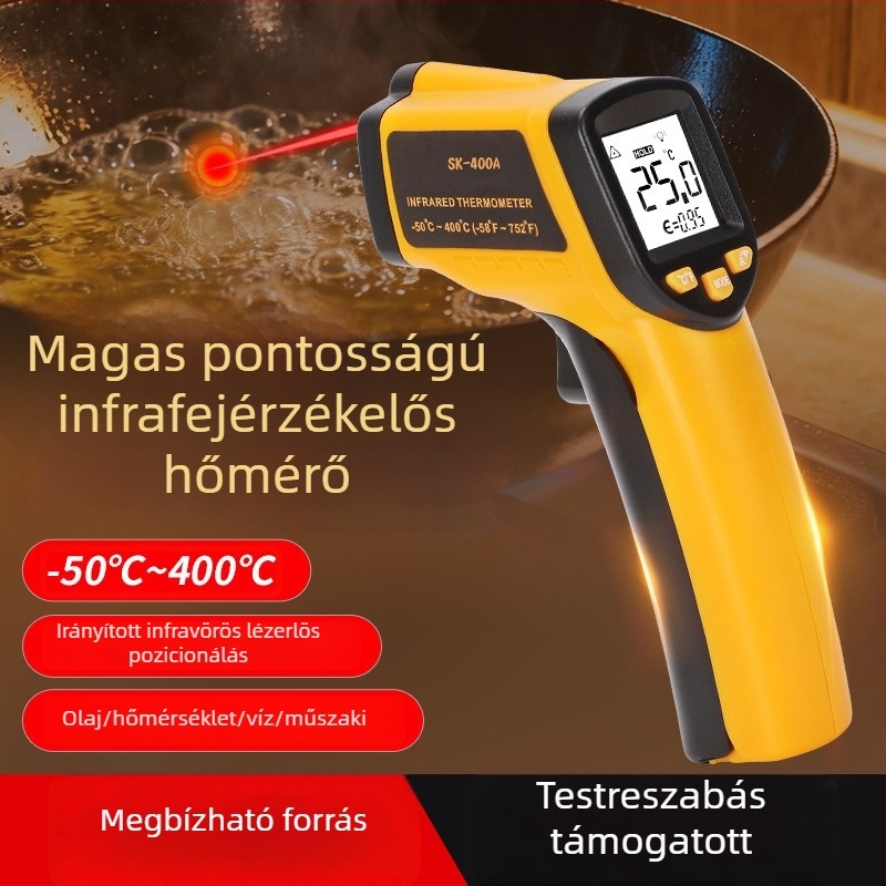 Ipari felhasználású infravörös hőmérőpisztoly – nagy pontosság, 0,5 ms válaszidő, olajhőmérséklet mérés, 2×AAA elem
