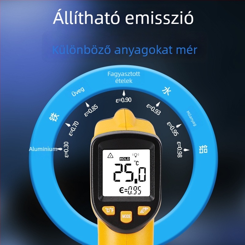 Ipari felhasználású infravörös hőmérőpisztoly – nagy pontosság, 0,5 ms válaszidő, olajhőmérséklet mérés, 2×AAA elem
