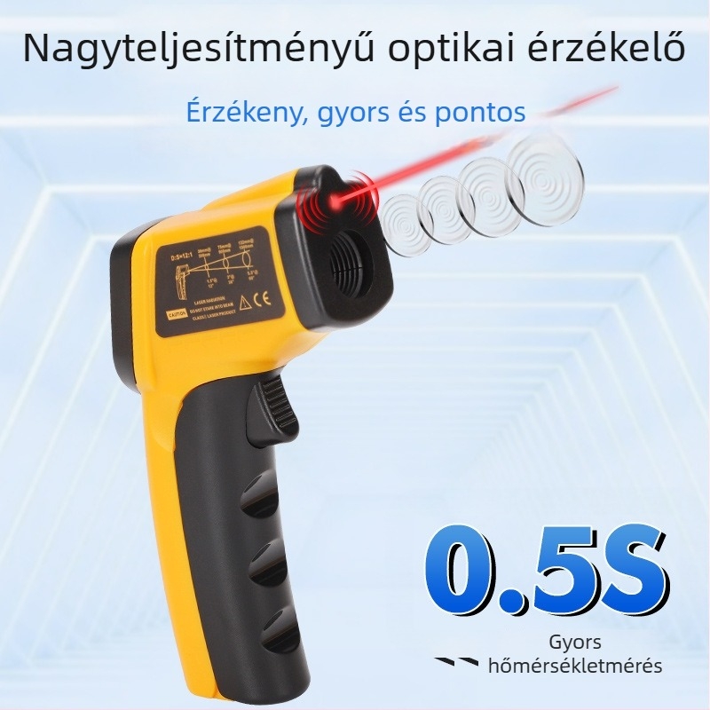 Ipari felhasználású infravörös hőmérőpisztoly – nagy pontosság, 0,5 ms válaszidő, olajhőmérséklet mérés, 2×AAA elem