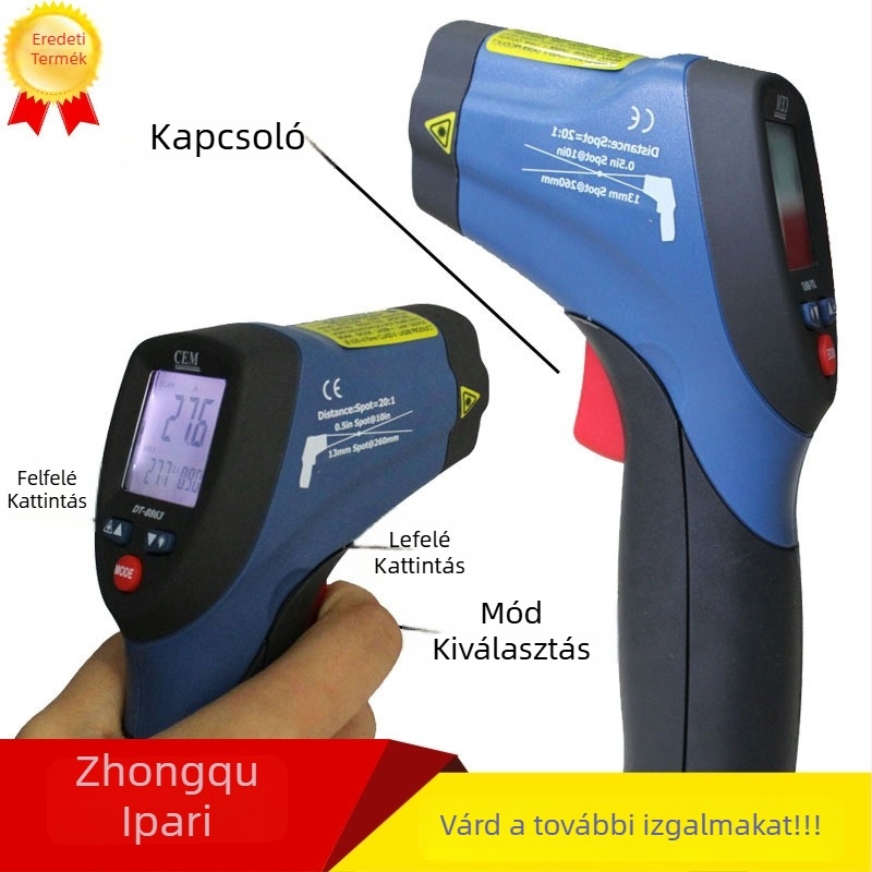 Kézi infravörös hőmérő DT-8830+ lézerrel ipari tárgyakhoz, 9V elem