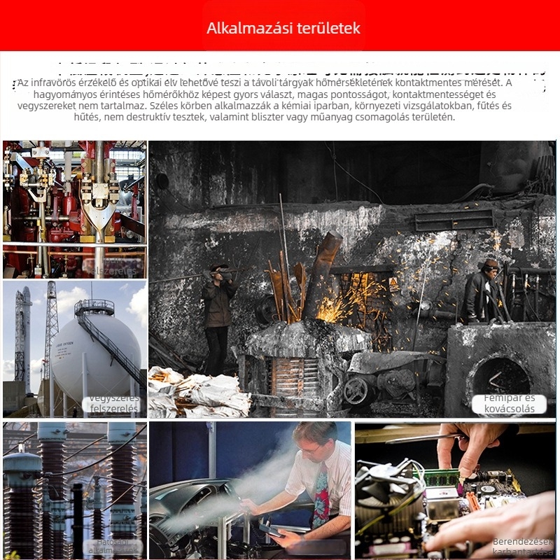 Infravörös hőmérő AR862D+ — hordozható ipari felhasználásra, -50°C-tól 1000°C-ig, pontosság ±2°C/2%, felbontás 0.1°C, LCD kijelző, válaszidő 500 ms