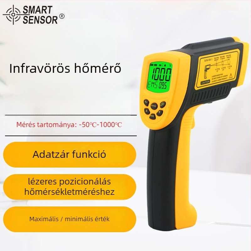 Infravörös hőmérő AR862D+ — hordozható ipari felhasználásra, -50°C-tól 1000°C-ig, pontosság ±2°C/2%, felbontás 0.1°C, LCD kijelző, válaszidő 500 ms