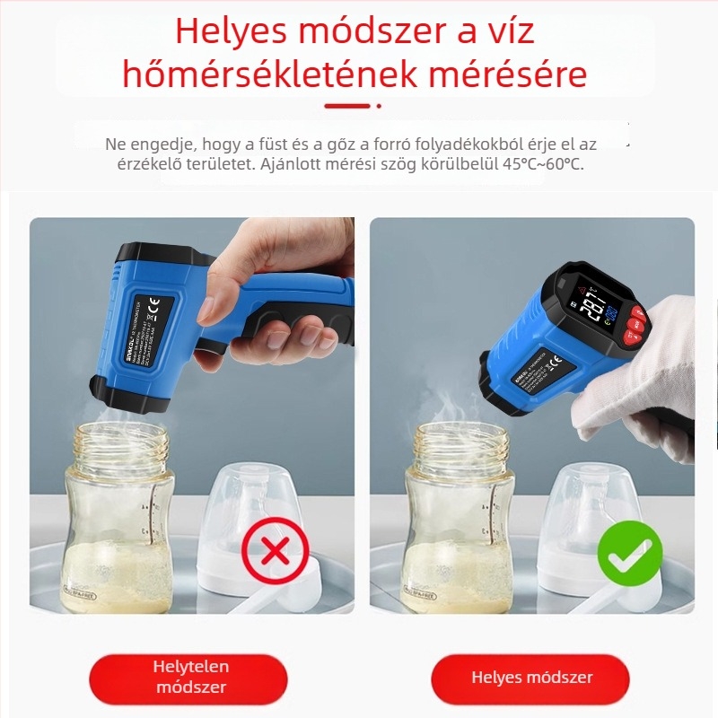 Ipari infravörös hőmérőpisztoly — 1 ms válaszidő, 2×AAA elemek