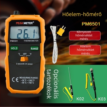 PEAKMETER PM6501 érintéses termopár hőmérő, ipari digitális kijelzővel, magas pontosság, -50–600 °C, pontosság ±0.5%+1 °C, 0.1 °C felbontás