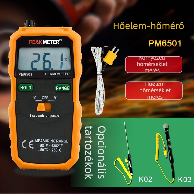 PEAKMETER PM6501 érintéses termopár hőmérő, ipari digitális kijelzővel, magas pontosság, -50–600 °C, pontosság ±0.5%+1 °C, 0.1 °C felbontás