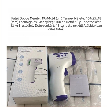 Homlok infravörös hőmérő AD801, gyors hőmérséklet-mérés, háromszínű háttérvilágítás, magas hőmérsékleti riasztás, méretek 149×77×43 mm, tömeg 130 g, akkumulátor kapacitás 600