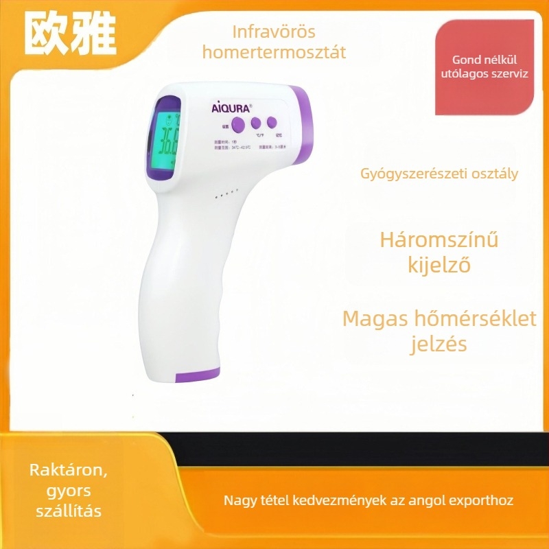 Homlok infravörös hőmérő AD801, gyors hőmérséklet-mérés, háromszínű háttérvilágítás, magas hőmérsékleti riasztás, méretek 149×77×43 mm, tömeg 130 g, akkumulátor kapacitás 600