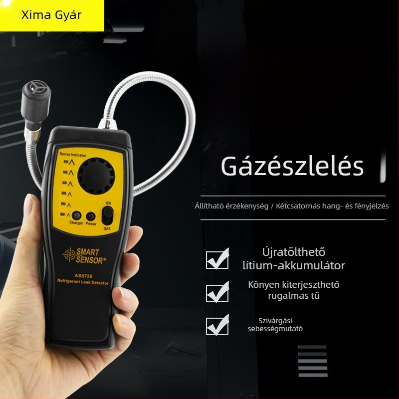 AS5750L halogén gázdetektor autóklíma és freon szivárgásokhoz; mérés 5 oz/yr-ig; pontosság 0.5 oz/yr; tápegység: 3× AA