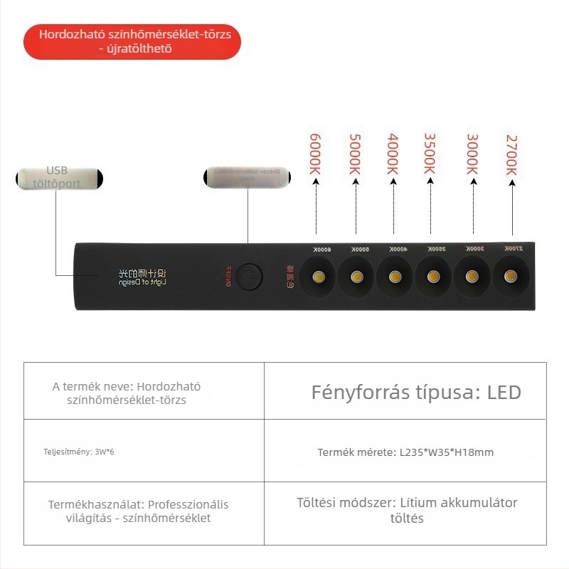 Hordozható színhőmérséklet-mérő LED-del, CRI ≥95, feszültség ≤36V, gombos kapcsoló, műanyag ház