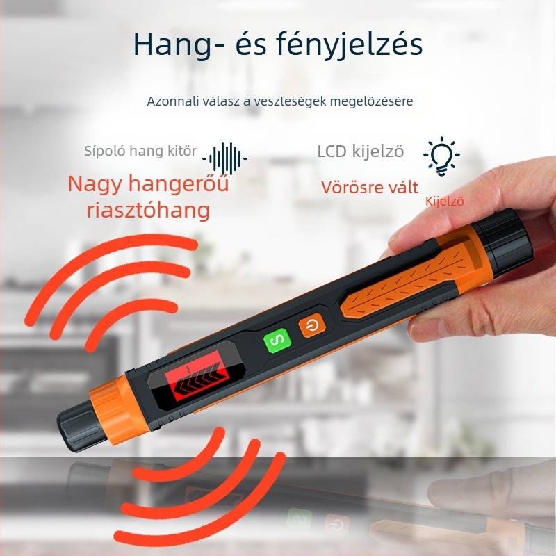 Hordozható éghető gázszivárgás detektor (márkájú JLY-50A) – mérési tartomány 0–1000 ppm, éghető gáz/metán érzékelés, 3 V DC.