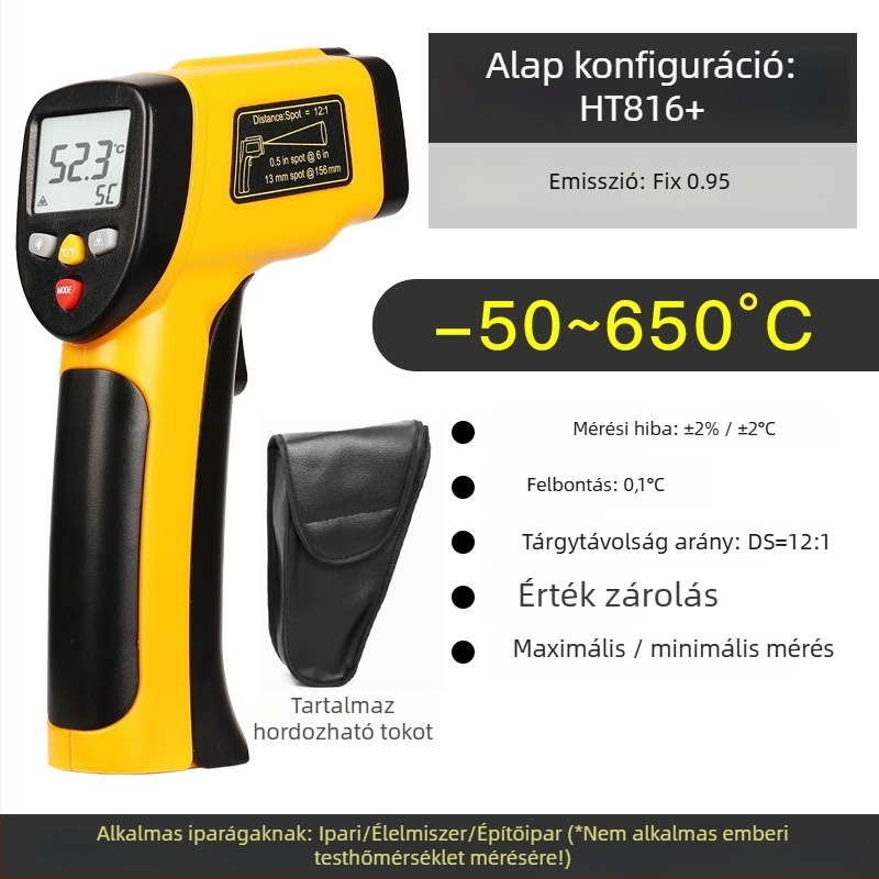 Ipari kovácsoláshoz infravörös hőmérő (1300°C mérés, 9V elem, 500 ms válaszidő)