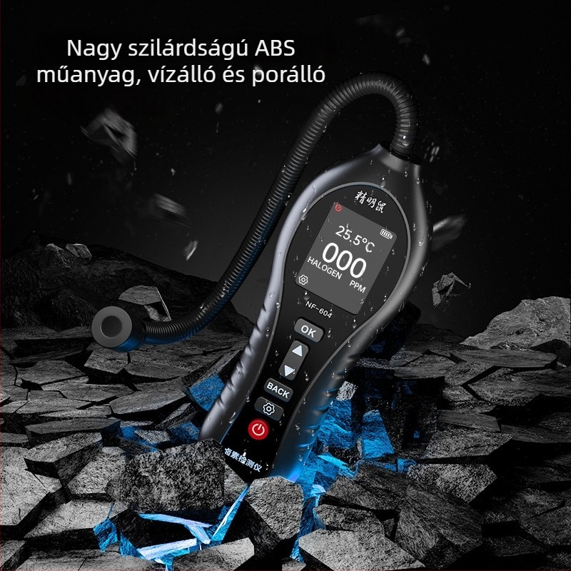 NF-604 klímaberendezés hűtőközeg-szivárgásdetektor – 0–1000 ppm tartomány, 1 ppm pontosság, HCFC-k (R22, R32, R123, R124, R141b, R142b, R402a, R4) észlelése; 4× AAA elemmel működik