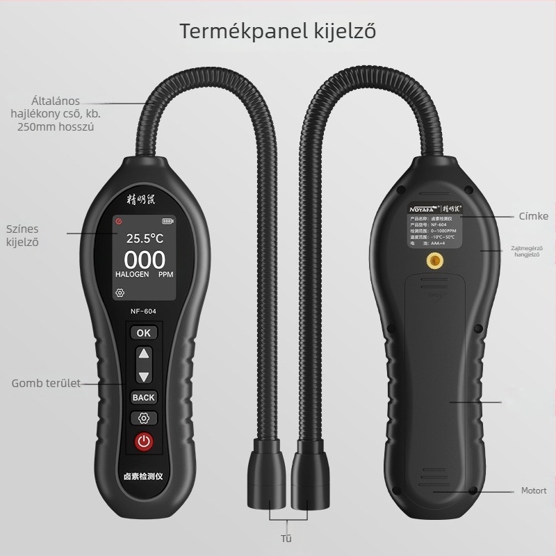 NF-604 klímaberendezés hűtőközeg-szivárgásdetektor – 0–1000 ppm tartomány, 1 ppm pontosság, HCFC-k (R22, R32, R123, R124, R141b, R142b, R402a, R4) észlelése; 4× AAA elemmel működik