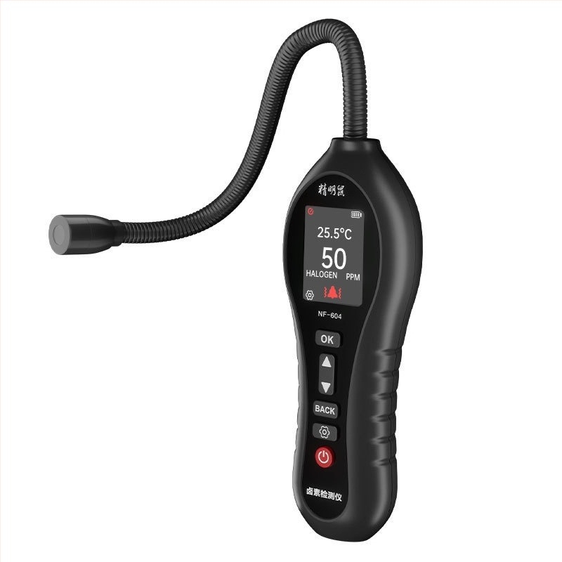 NF-604 klímaberendezés hűtőközeg-szivárgásdetektor – 0–1000 ppm tartomány, 1 ppm pontosság, HCFC-k (R22, R32, R123, R124, R141b, R142b, R402a, R4) észlelése; 4× AAA elemmel működik