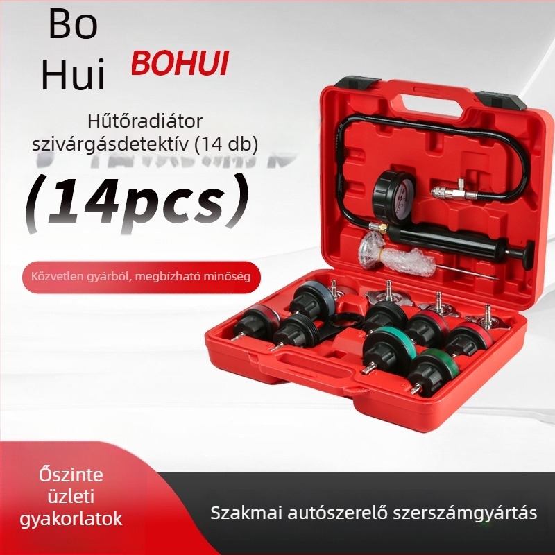 Vízkészlet szivárgásdetektor készlet, 14 darabos készlet, víztartály nyomásmérő, műanyag kialakítás, autójavító eszköz