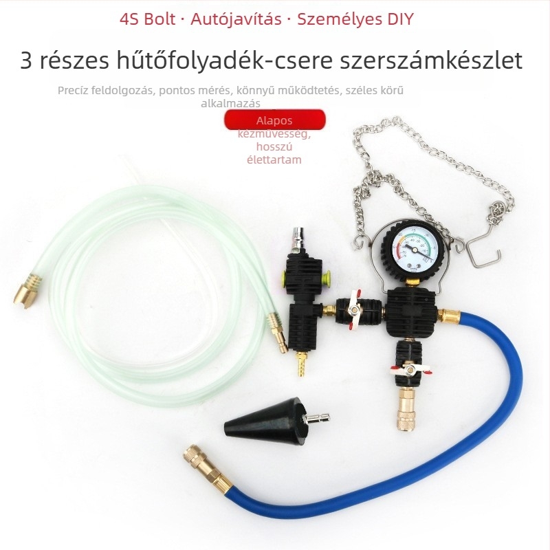 3 részes autóhűtő radiátor töltőeszközök készlet nyomásmérővel, szivárgásvizsgálóval és vákuumos töltővel