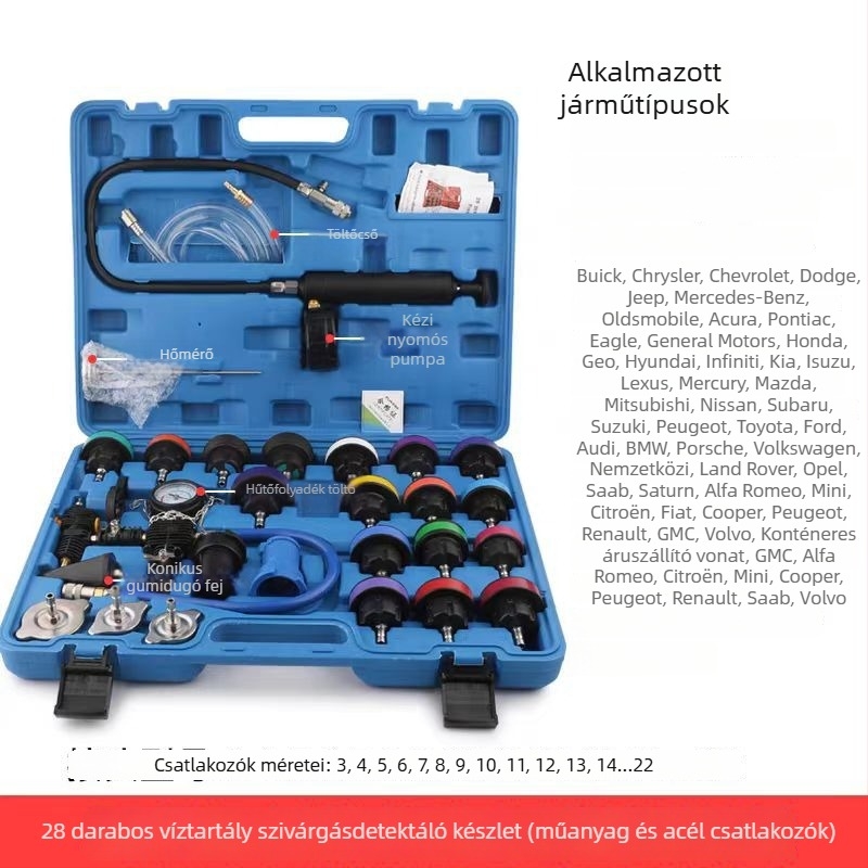 Weike fém 28-darabos készlet autóhűtőrendszer nyomásos szivárgásdetektálására, manométerrel