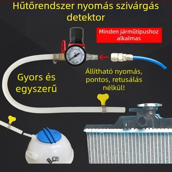 Víz tartály szivárgásdetektora és autóhűtőrendszer-tesztelő, műanyag-fém kivitel, nyomás alatti szivárgás észlelése, 1 készlet