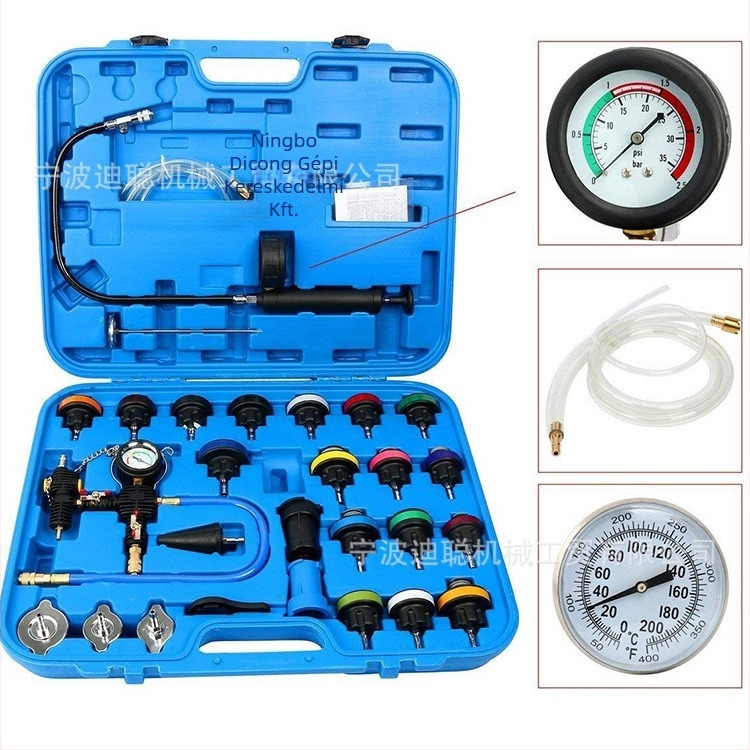 VIKTEC 28 darabos autóvíztartály-teszter készlet – PP anyag, nyomásmérő és szivárgásdetektáló eszközök