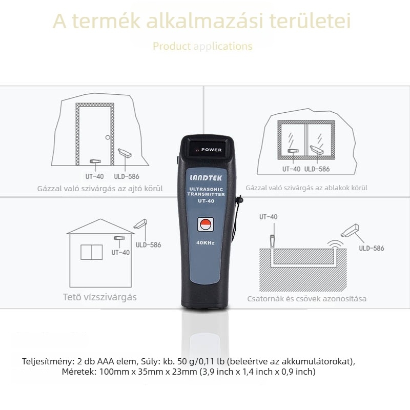 UT-40 Lantai hordozható ultrahangos szivárgásdetektor, hullámszerű jelgenerátor, 40 kHz, modell UT-40, tömeg körülbelül 50 g