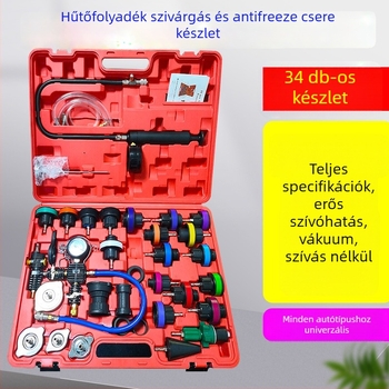 Gépjármű hűtőrendszer szivárgásdetektora nyomás alatti feltöltéssel, vákuummal és fagyálló cserével