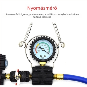 Gépjármű hűtőrendszer szivárgásdetektora nyomás alatti feltöltéssel, vákuummal és fagyálló cserével