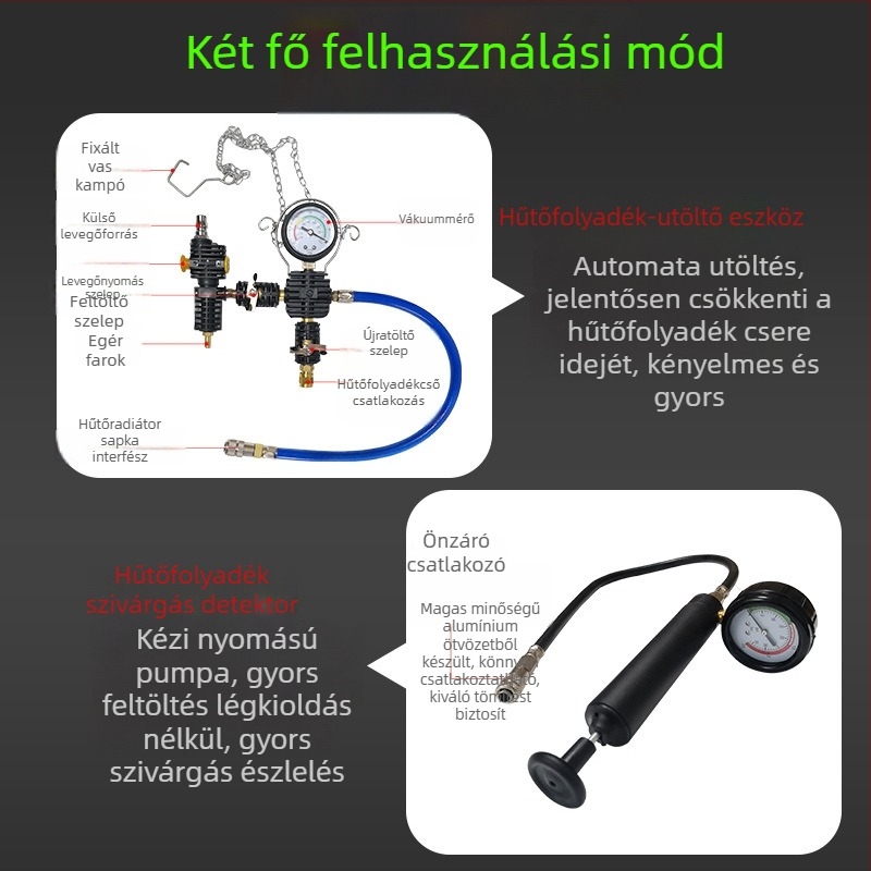 Gépjármű hűtőrendszer szivárgásdetektora nyomás alatti feltöltéssel, vákuummal és fagyálló cserével