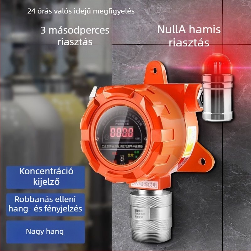 Rögzített éghető gázszivárgás-riasztó ipari/kereskedelmi felhasználásra, 5–100% LEL, ±3% LEL, 220V, dugós tápegység, modell Industrial gas alarm (ABS)