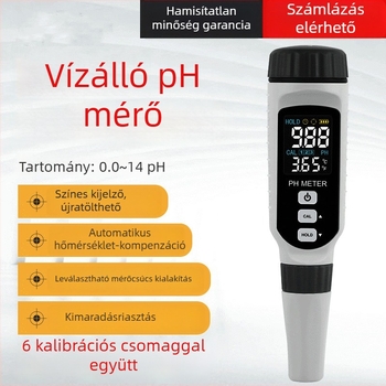 Kézben tartható pH-mérő PH828+ a HUAJIAYI-tól kompozit elektróddal, pH-tartomány 0.00–14.00, pontosság ±0.05 pH, hőmérséklet-kompenzáció 0–70°C