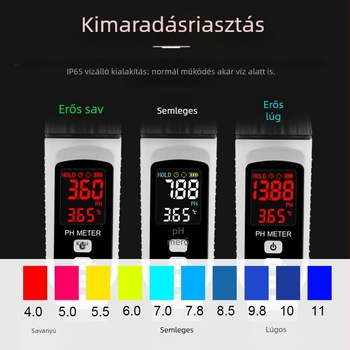 Kézben tartható pH-mérő PH828+ a HUAJIAYI-tól kompozit elektróddal, pH-tartomány 0.00–14.00, pontosság ±0.05 pH, hőmérséklet-kompenzáció 0–70°C