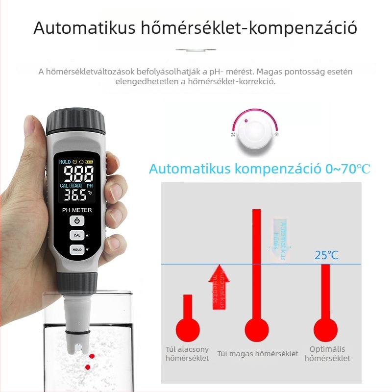Kézben tartható pH-mérő PH828+ a HUAJIAYI-tól kompozit elektróddal, pH-tartomány 0.00–14.00, pontosság ±0.05 pH, hőmérséklet-kompenzáció 0–70°C