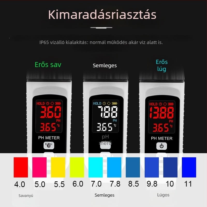 Kézben tartható pH-mérő PH828+ a HUAJIAYI-tól kompozit elektróddal, pH-tartomány 0.00–14.00, pontosság ±0.05 pH, hőmérséklet-kompenzáció 0–70°C