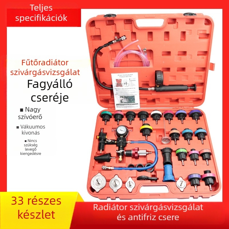 Gépjármű hűtőrendszer nyomás- és szivárgásvizsgáló készlet, 28 darabos vákuumos tesztkészlet a hűtőfolyadék cseréhez