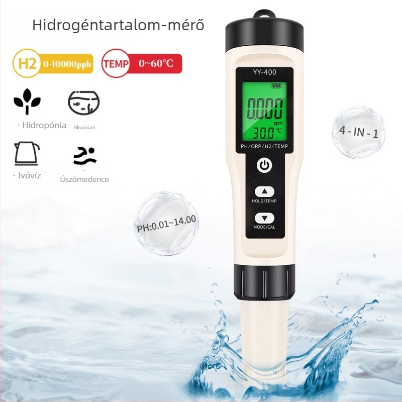 4-az-1-ben hidrogénben gazdag víz minőségi teszter: pH mérő, savtartalom mérő, ORP és hőmérséklet