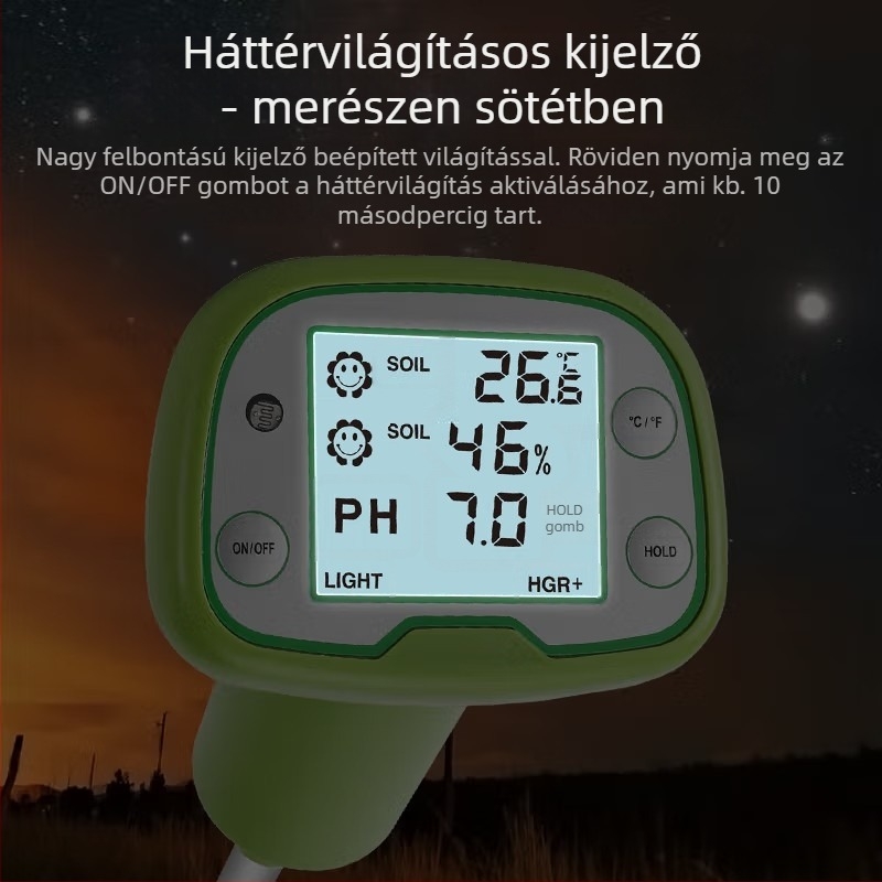 4 az 1-ben talajtester: hőmérséklet, nedvesség, fény és pH mérése; nagy pontosságú talajdetektor gyümölcsösök és kertek számára