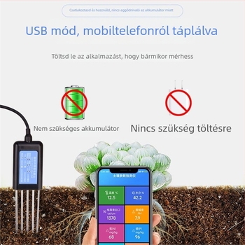 5-tűs USB talajanalizátor okostelefonnal – EC, nitrogén, foszfor, kálium és pH mérése