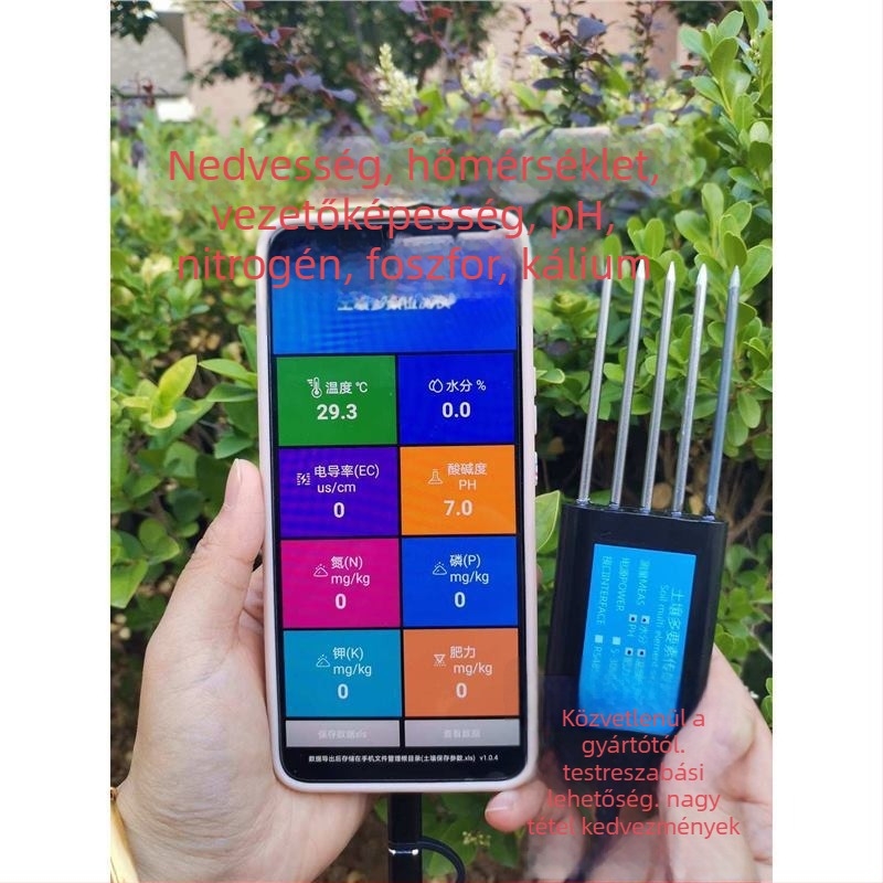 5-tűs USB talajanalizátor okostelefonnal – EC, nitrogén, foszfor, kálium és pH mérése
