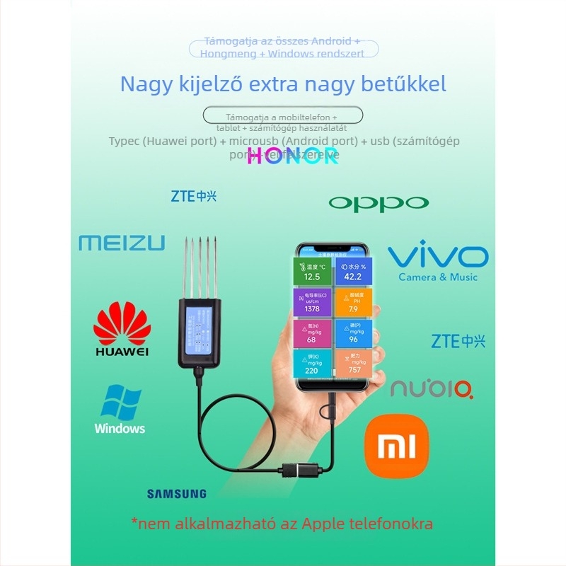5-tűs USB talajanalizátor okostelefonnal – EC, nitrogén, foszfor, kálium és pH mérése