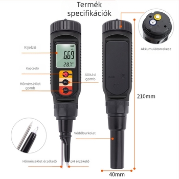 Hordozható pH-mérő PH-08 akváriumhoz — 0–14 pH tartomány, 0,1 pH pontosság, LCD kijelző, kompozit elektróda, hőmérséklet-kompenzáció 0–50°C