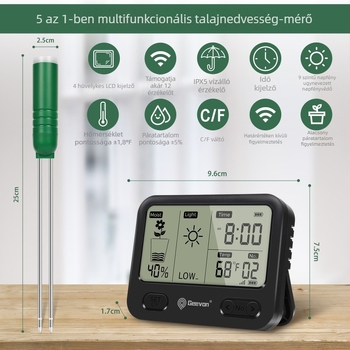 Geevon talajnedvesség- és hőmérséklet-higrométer — akkumulátoros működés, 0,1°C felbontás, otthoni kerthez és cserepes növényekhez