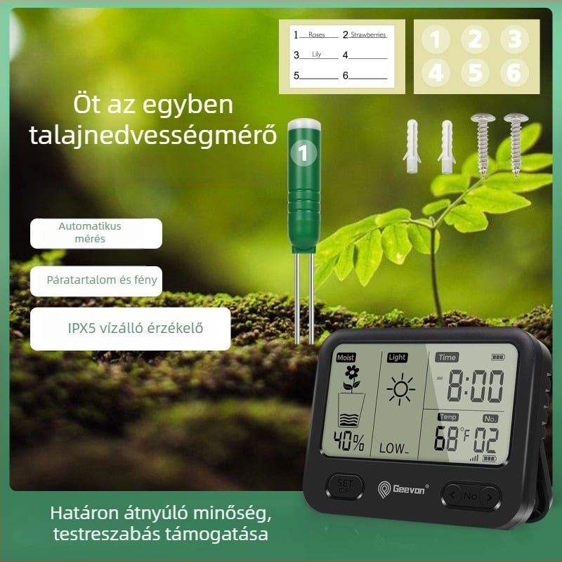 Geevon talajnedvesség- és hőmérséklet-higrométer — akkumulátoros működés, 0,1°C felbontás, otthoni kerthez és cserepes növényekhez
