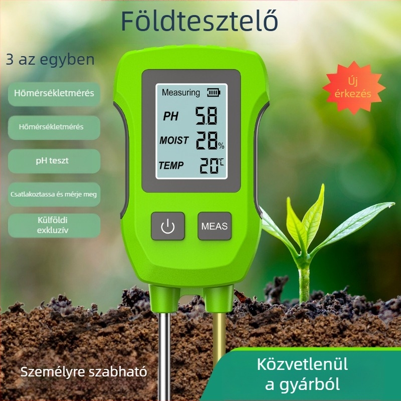 Sondás típusú talajteszter – digitális pH és nedvesség detektor, modell SGS07, pontosság ±0,2, tömeg 120 g, talajvizsgálathoz