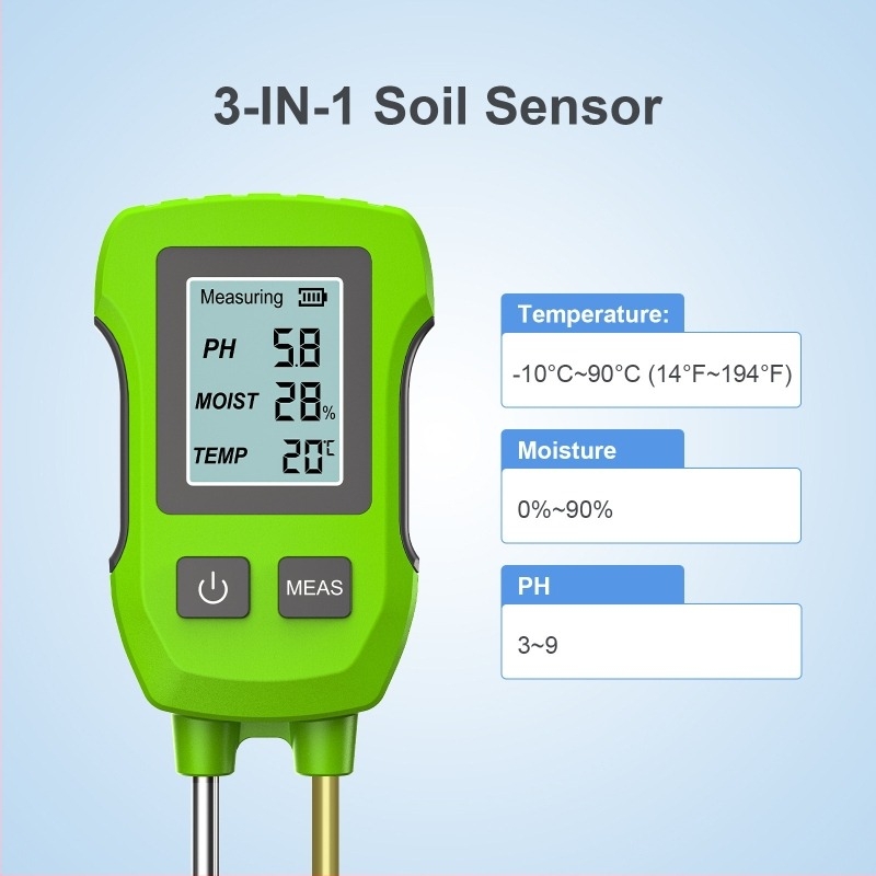Sondás típusú talajteszter – digitális pH és nedvesség detektor, modell SGS07, pontosság ±0,2, tömeg 120 g, talajvizsgálathoz
