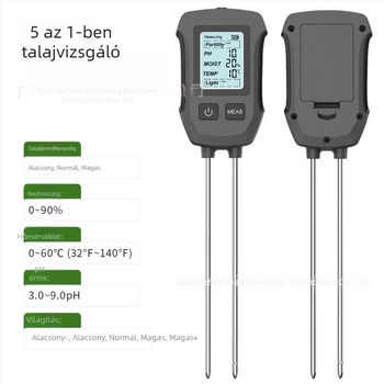 Öt az egyben digitális talajtester cserepes növényekhez – méri a talaj hőmérsékletét, nedvességét, termékenységét, a pH értékét és a komposztot