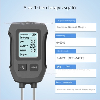 Öt az egyben digitális talajtester cserepes növényekhez – méri a talaj hőmérsékletét, nedvességét, termékenységét, a pH értékét és a komposztot