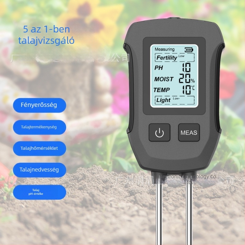 Öt az egyben digitális talajtester cserepes növényekhez – méri a talaj hőmérsékletét, nedvességét, termékenységét, a pH értékét és a komposztot
