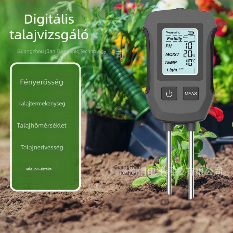 Öt az egyben digitális talajtester cserepes növényekhez – méri a talaj hőmérsékletét, nedvességét, termékenységét, a pH értékét és a komposztot