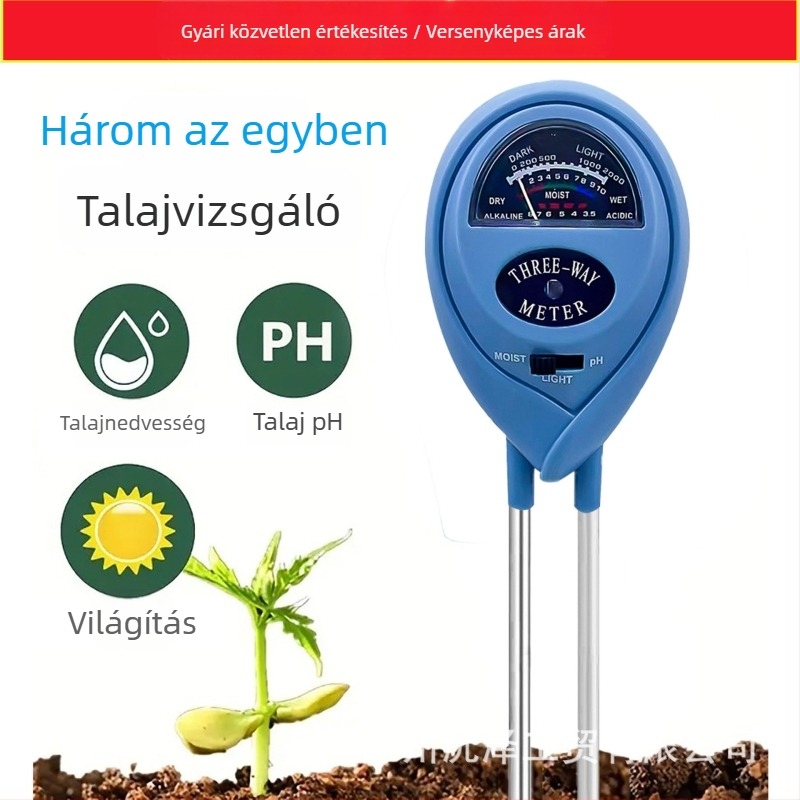 Három az egyben talajmérő – fényerősség, páratartalom és pH mérővel