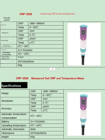 Talaj ORP és hőmérséklet mérő – vízálló, 2 az 1-ben, ORP-2026 modell, -999–999 mV tartomány, 1 mV felbontás, ±5 mV pontosság, 1.5 V tápegység